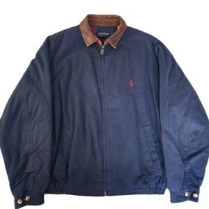 VINTAGE Nautica Jacket Mens L Navy Leather Collar Bomber Striped Lining 90s